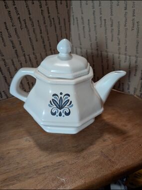 White Hexagonal Ceramic Teapot with Blue Motif
